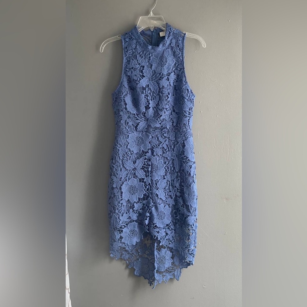 ASTR THE LABEL LACE SAMANTHA DRESS Blue Med High Low‎ Gatsby Boho Festival Sheer